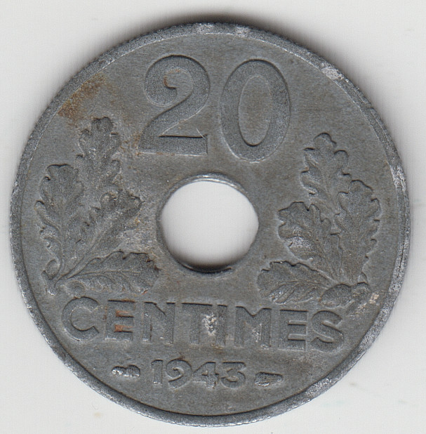 France 20 Centimes 1943 as shown