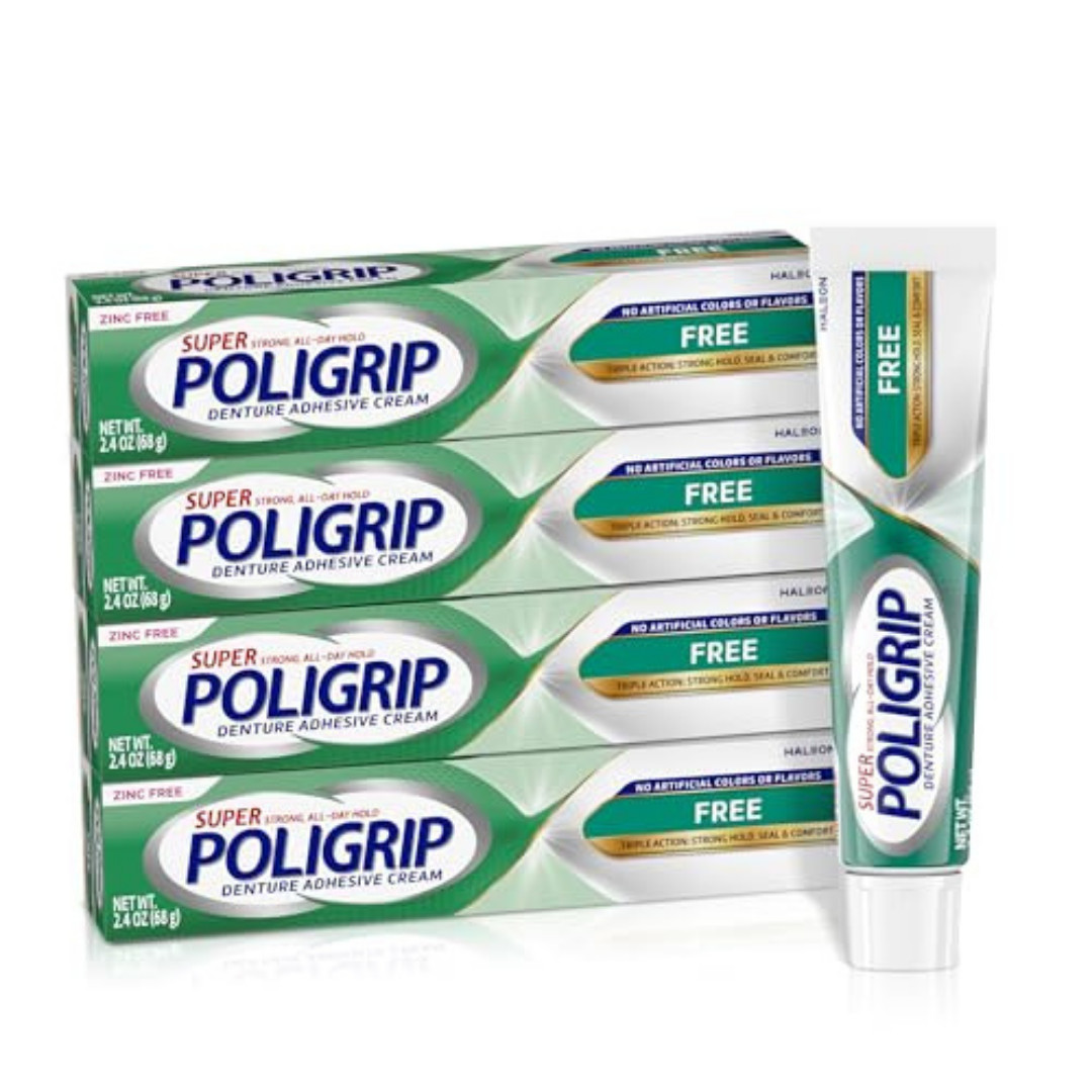 Super Poligrip Zinc Free Denture & Partials Adhesive Cream, 2.4 ounce Pack of 4