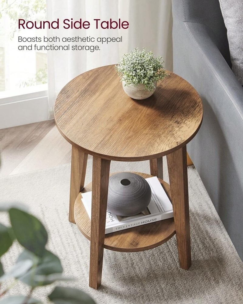 VASAGLE Brown Round End Table 2-Tier Side Table Nightstand for Small Spaces