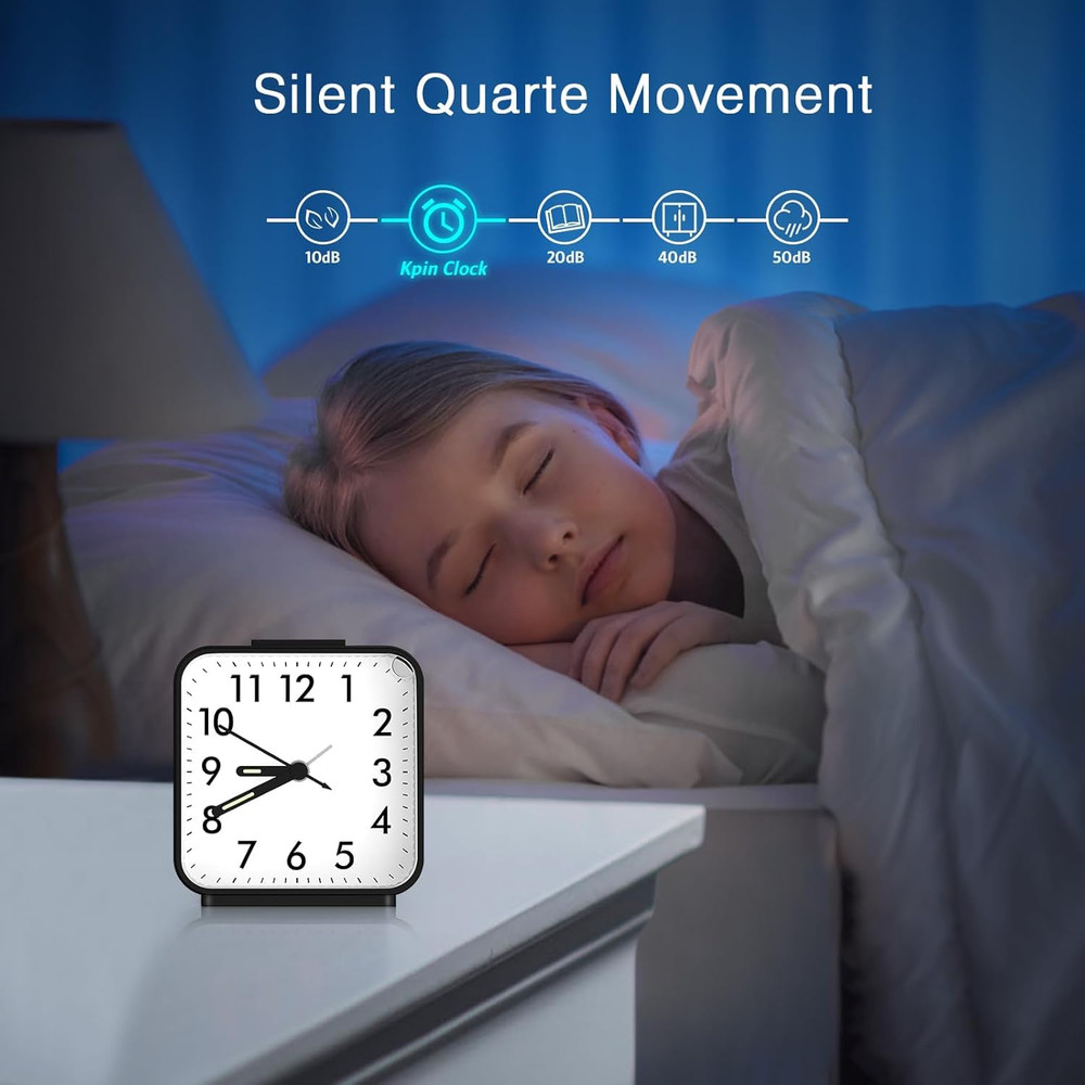 Analog Alarm Clocks, Non Ticking Table Clock with Luminous Hand & Large Display,