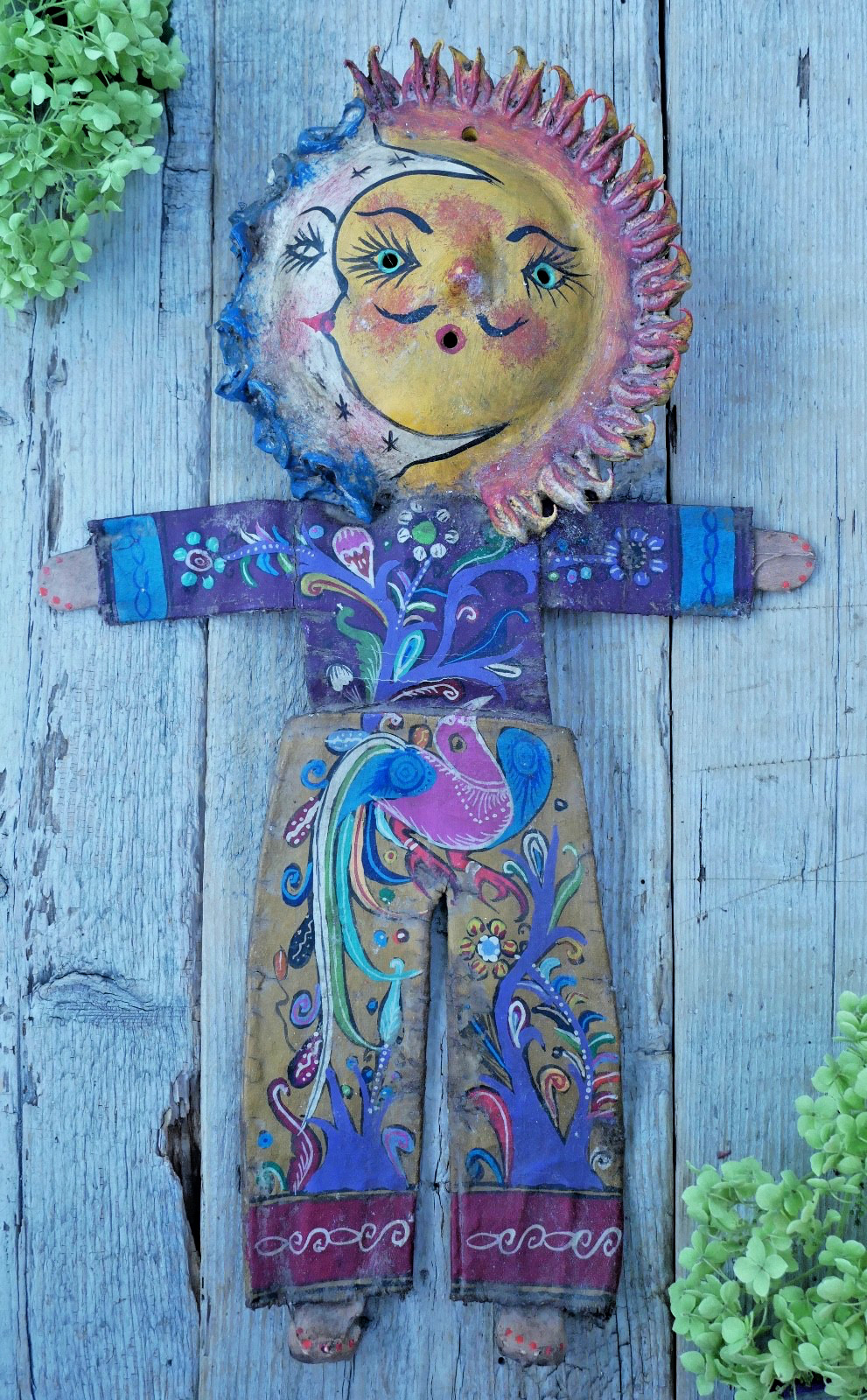 Sun Moon Face Man Hand Painted Handmade Canvas Coconut Guerrero Mexico Folk Art
