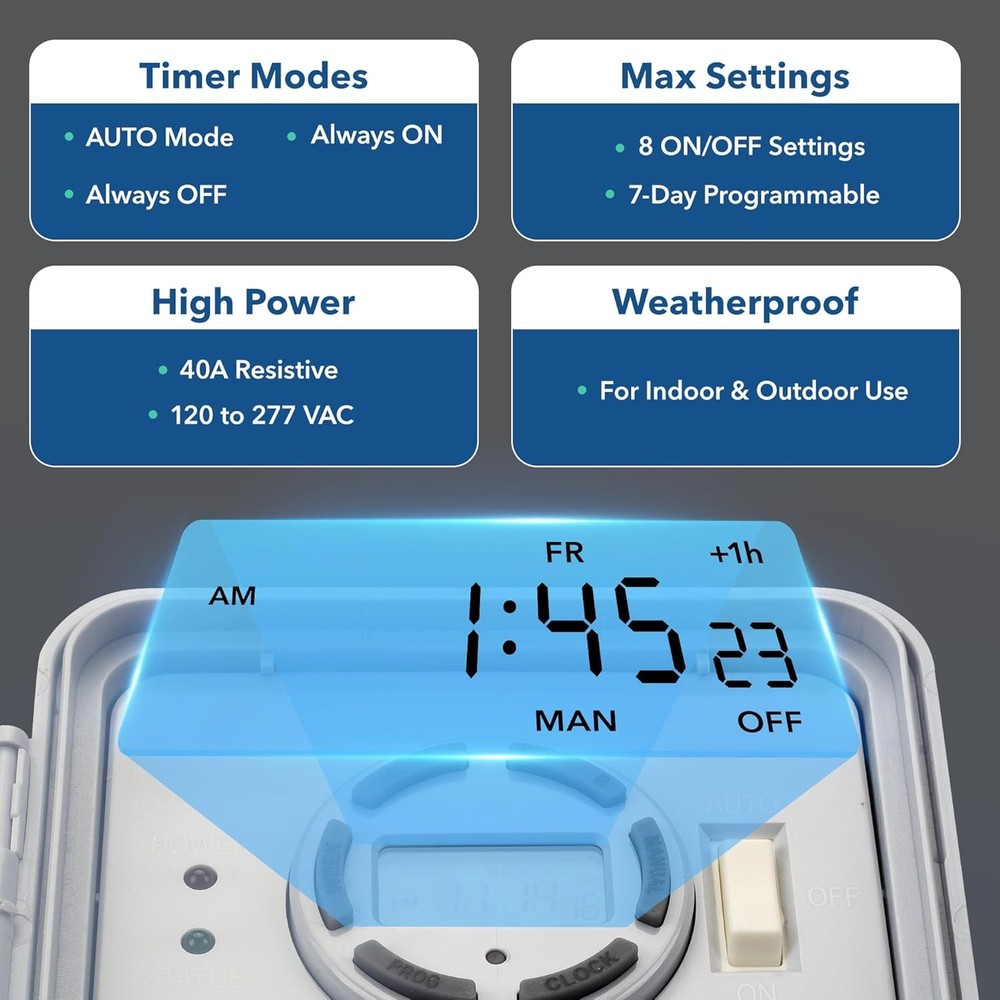 BN-LINK Pool Pump Timer, Outdoor Timer Box, Heavy Duty, 2HP 40A Max, Gray