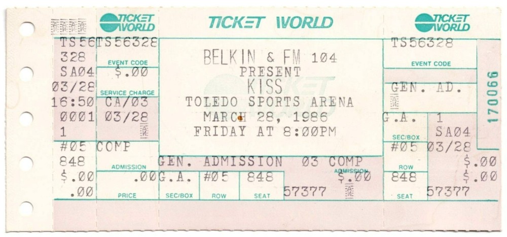 1986 KISS & KING KOBRA concert ticket stub TOLEDO SPORTS ARENA 3/28 Paul Stanley