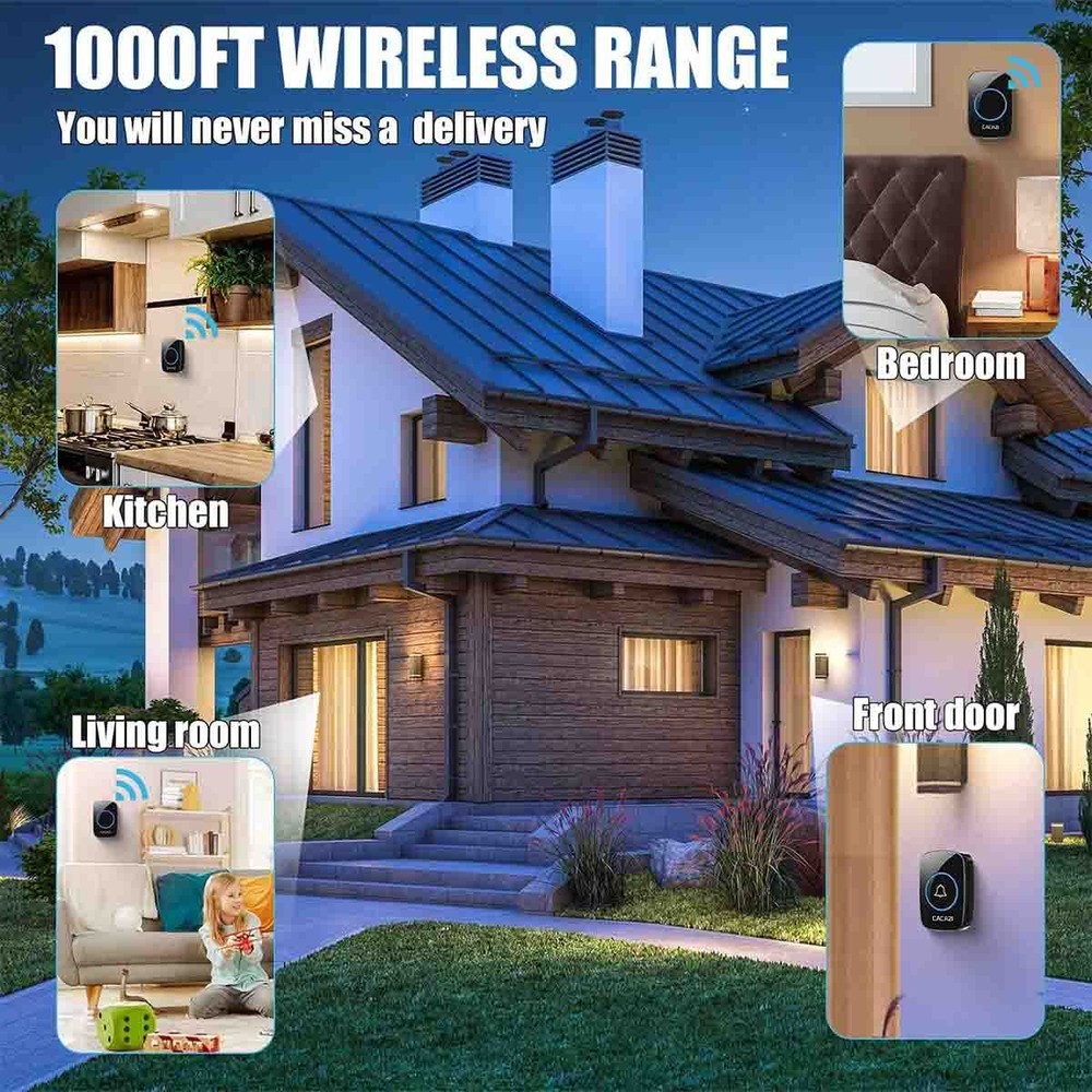 Wireless Home Doorbell Chime Long Range Plugin Receiver Waterproof Press Button