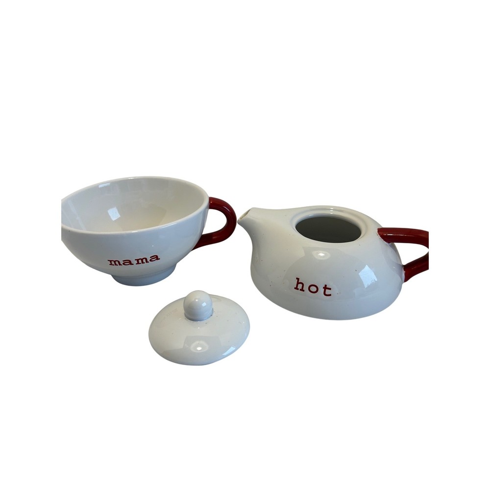 Pottery Barn Hot Mama Teapot Cup Set Red White Ceramic Stacking Mug Kitchenware