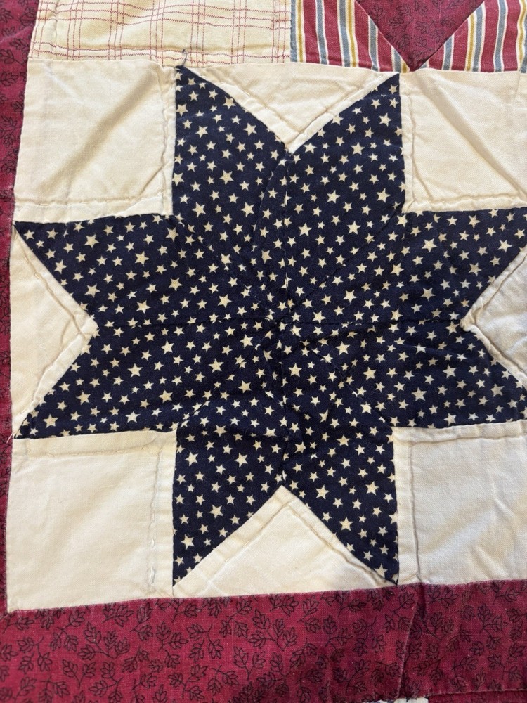 Authentic Hand & machine stitched vinyl Patchwork Queen USA Star Cotton Quilt.