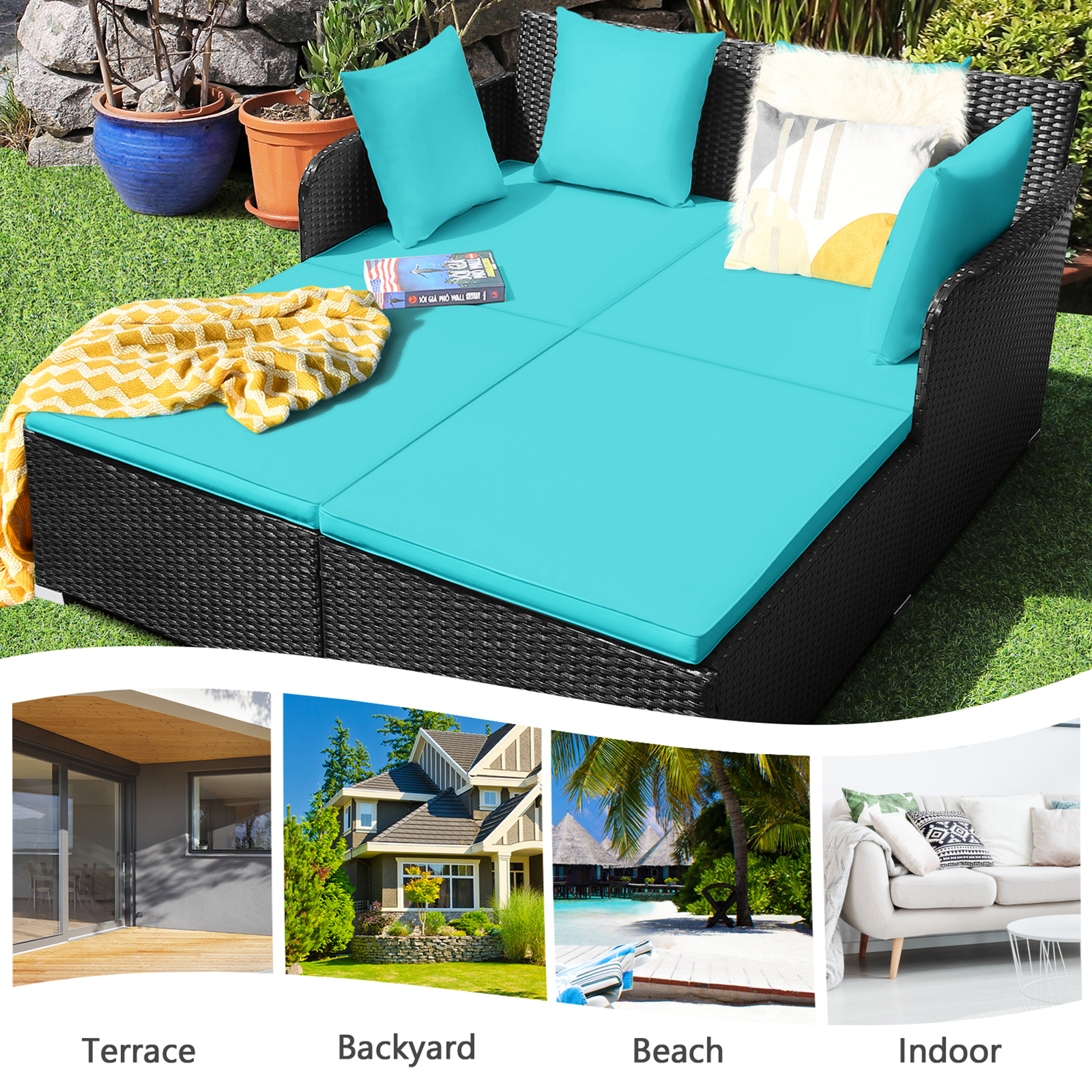 Rattan Patio Daybed Loveseat Sofa Yard Outdoor w/ Turquoise Cushions Pillows