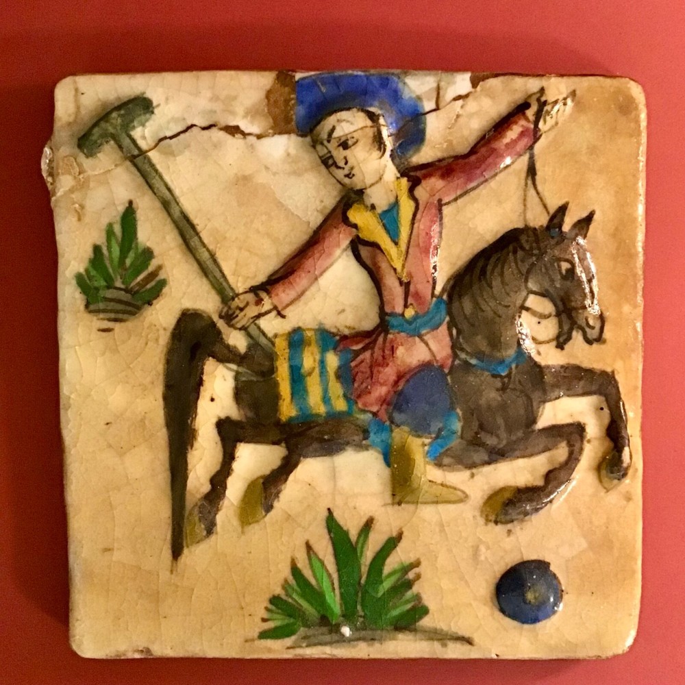 Framed Persian Qajar Handmade Ceramic Tile Polo Age Unknown