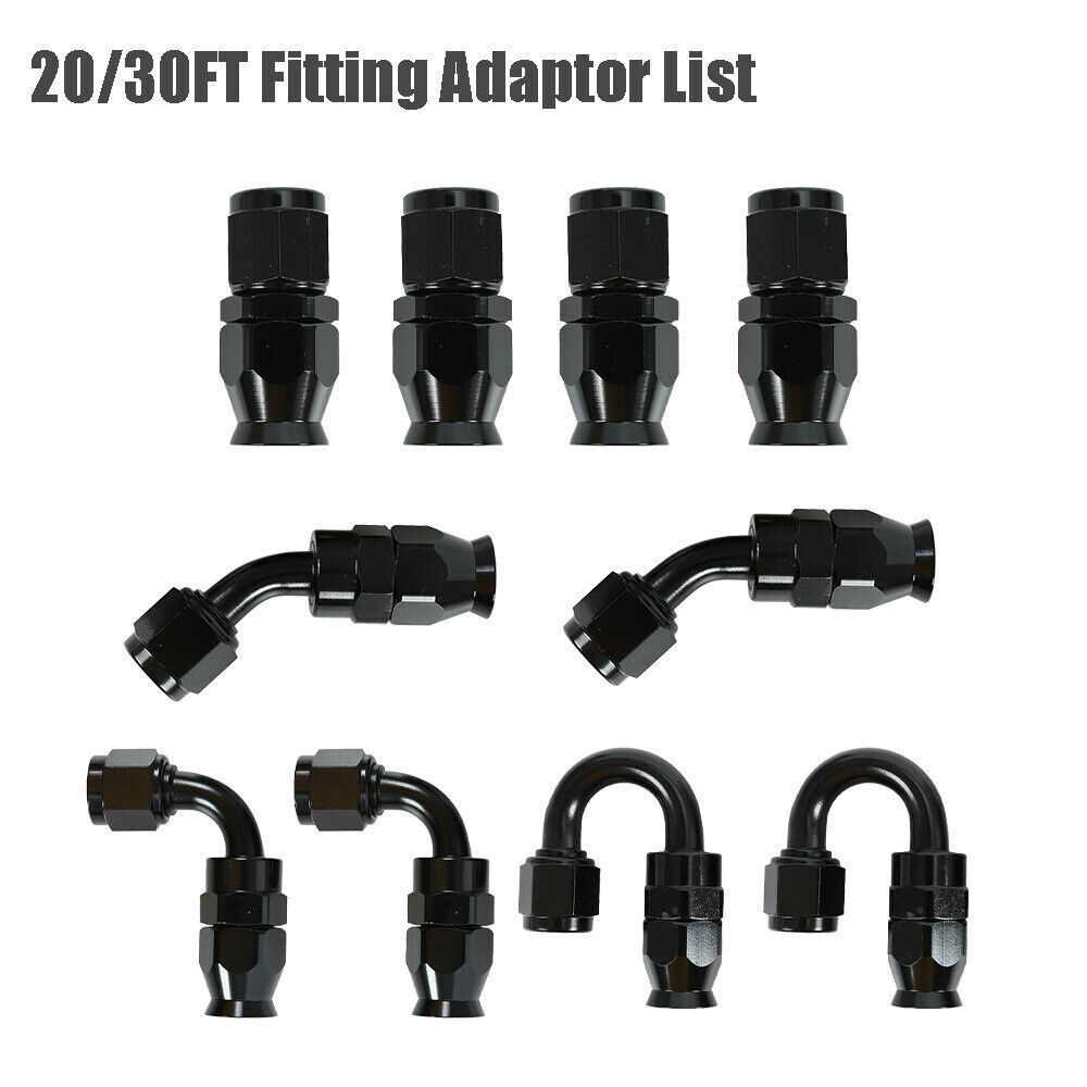6AN 8AN 10AN Nylon E85 PTFE Fuel Line Hose 20-30FT w/10 or 20 Fittings Kit BLACK