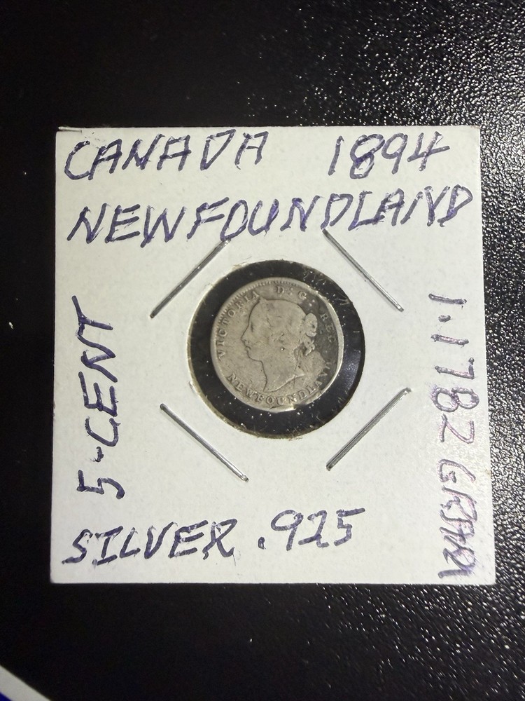 Silver 1894 Newfoundland Canada 5 Five Cent Coin