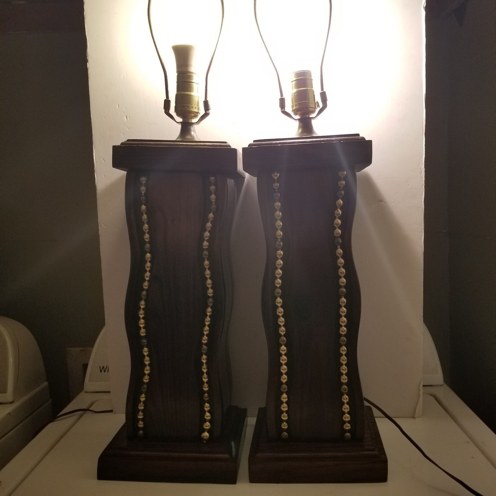 Vintage Solid Wood Studded Table Lamp PAIR 2 Rustic Cabin Retro 1970s EXC