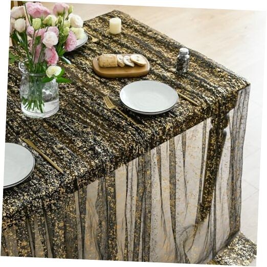 Gauze Tablecloth 60x84 Inch Rectangular, 60" x 84" (Rectangular) Black Gold