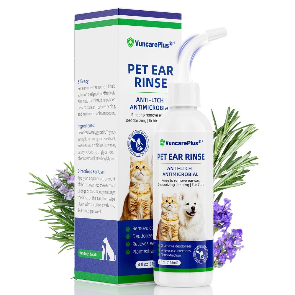 VUNCAREPLUS Cat & Dog Ear Cleaner Solution, Soft 12oz Flush, transparent