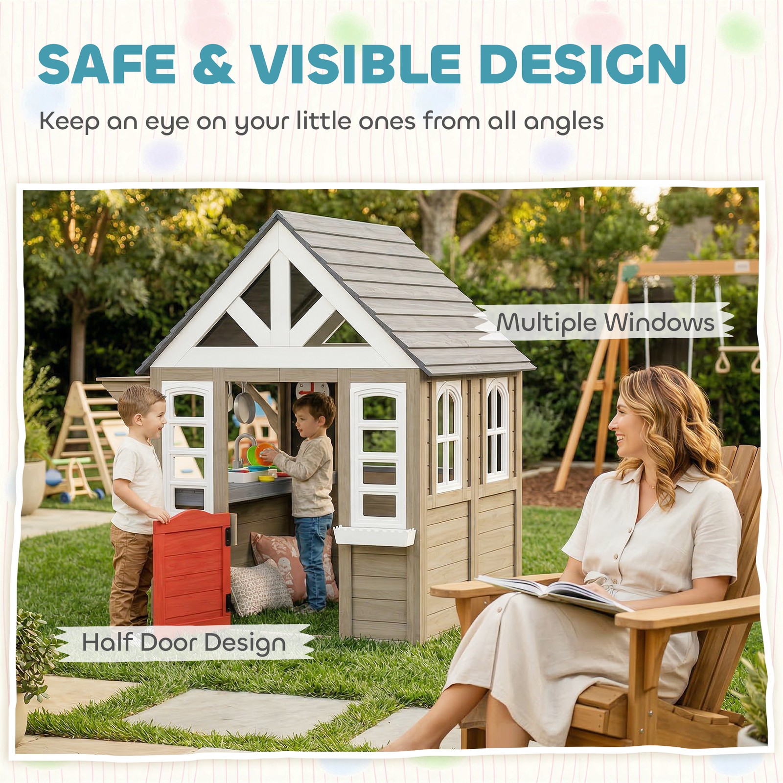 Qaba Outdoor Playhouse with Dog Door, Flower Box, Cookware for Backyard