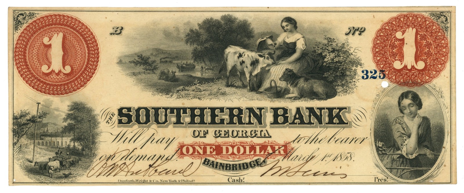 1858 Southern Bank of Georgia Bainbridge GA $1 Obsolete Note HIGH GRADE (66595)