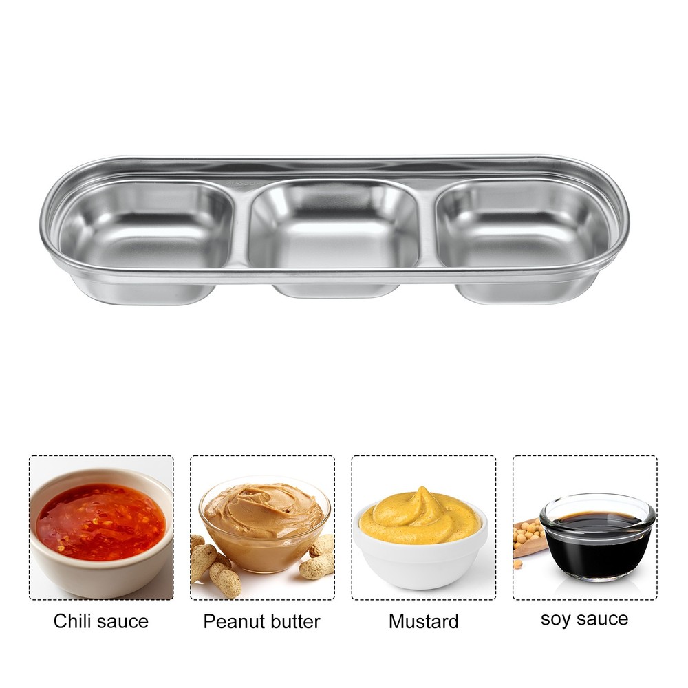 2pcs Metal Dish Dipping with 3 Rectangular Compartment Divided Silver