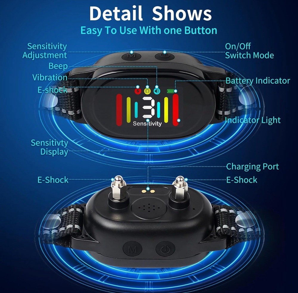 Dog Bark Training Collar Shock Vibration Beep Modes Waterproof Rechargeable