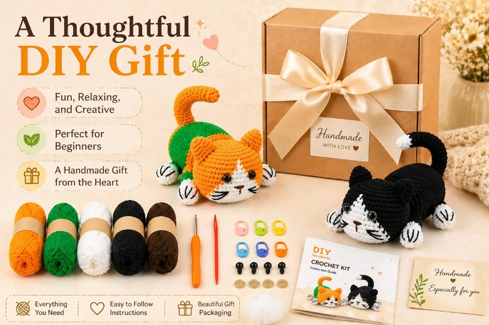 Cat Crochet Kit 2 Pack for Beginners Amigurumi DIY Set with Video Tutorial