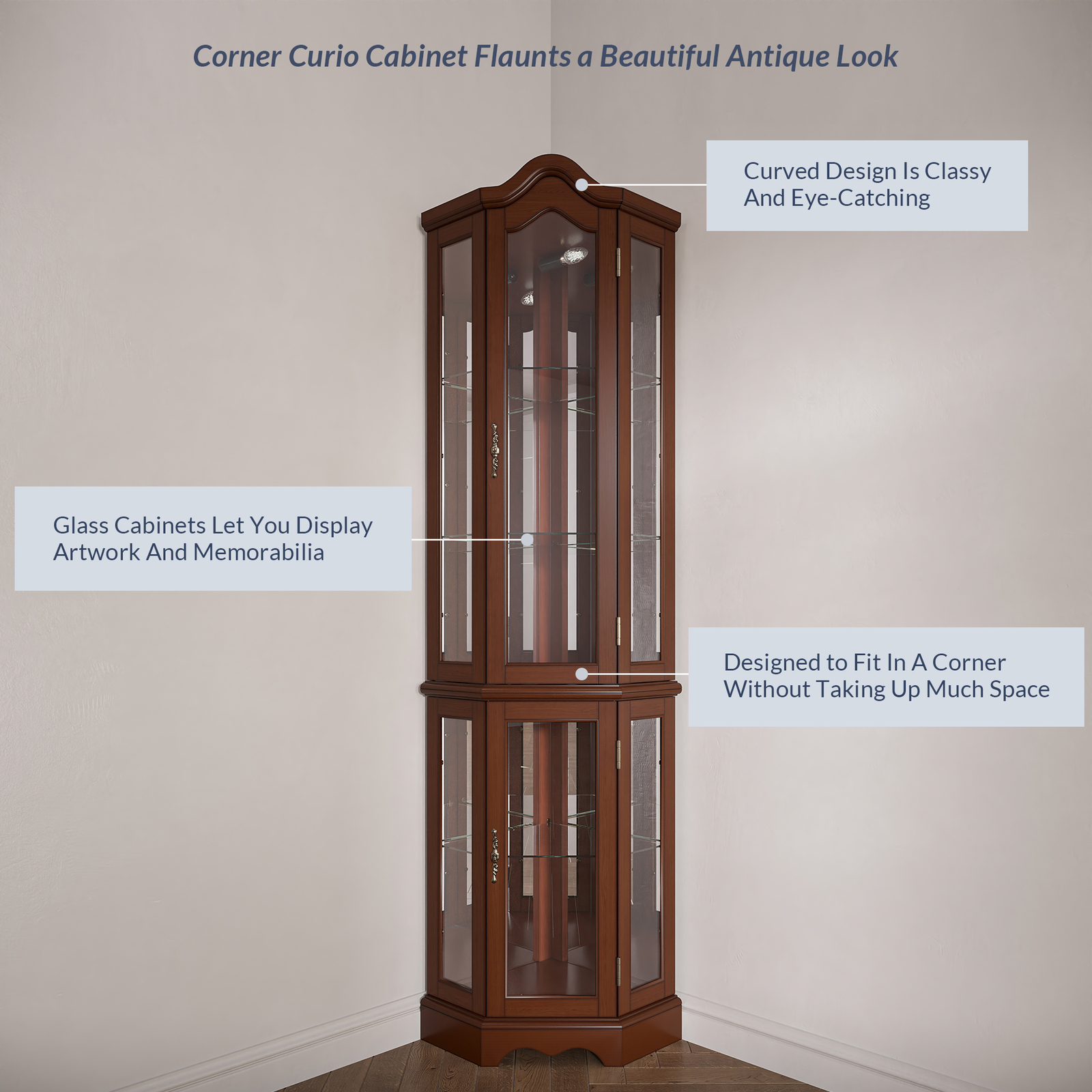 Canted Front Lighted Corner Cabinet W/ 5-Tier Shelves