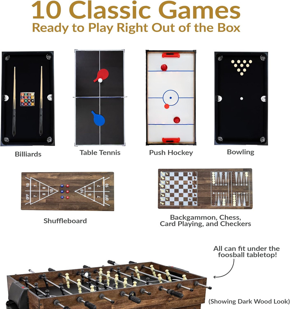 Sunnydaze 10-In-1 Game Table - Combination Multi-Game Table with Billiards, Push