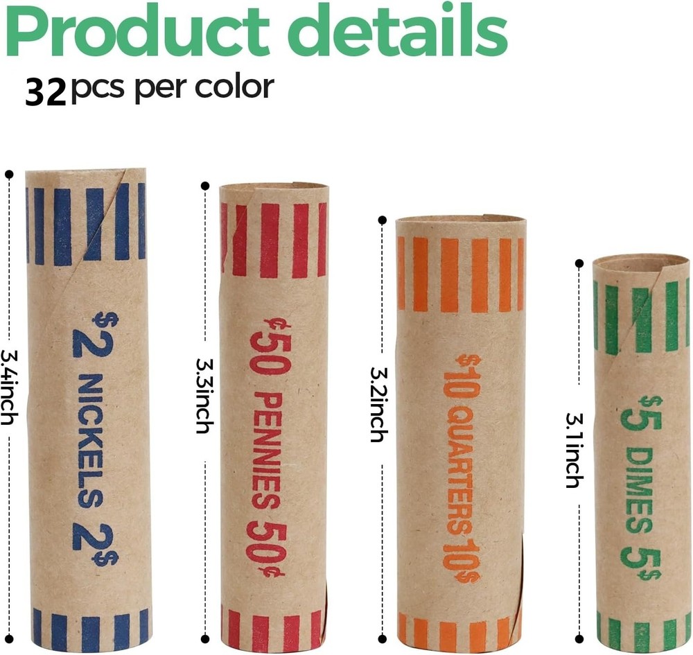 128pcs Assorted Preformed Coin Wrappers Rolls, Change Paper Rolls Wrapping Tubes