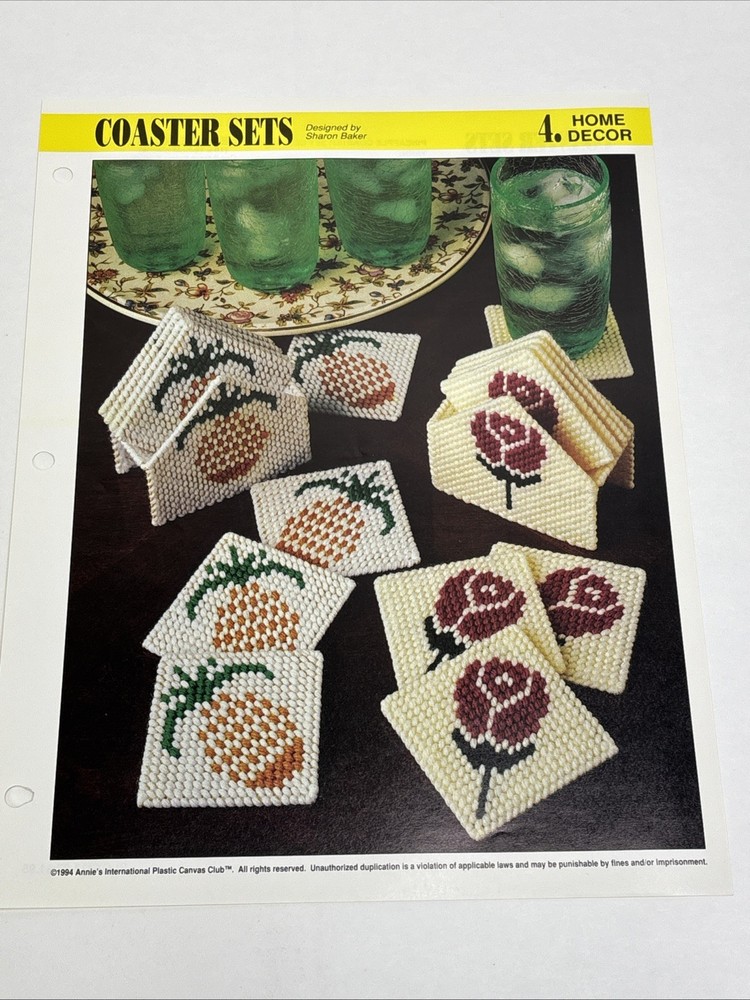 Coaster Sets Rose & Pineapple Annie's Attic Plastic Canvas Pattern Page