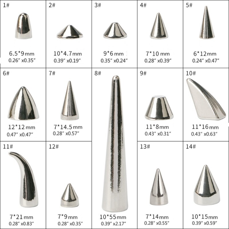 10-Pieces Multiple Sizes Cone Spikes Stud Rivets Metal Studs Punk Style