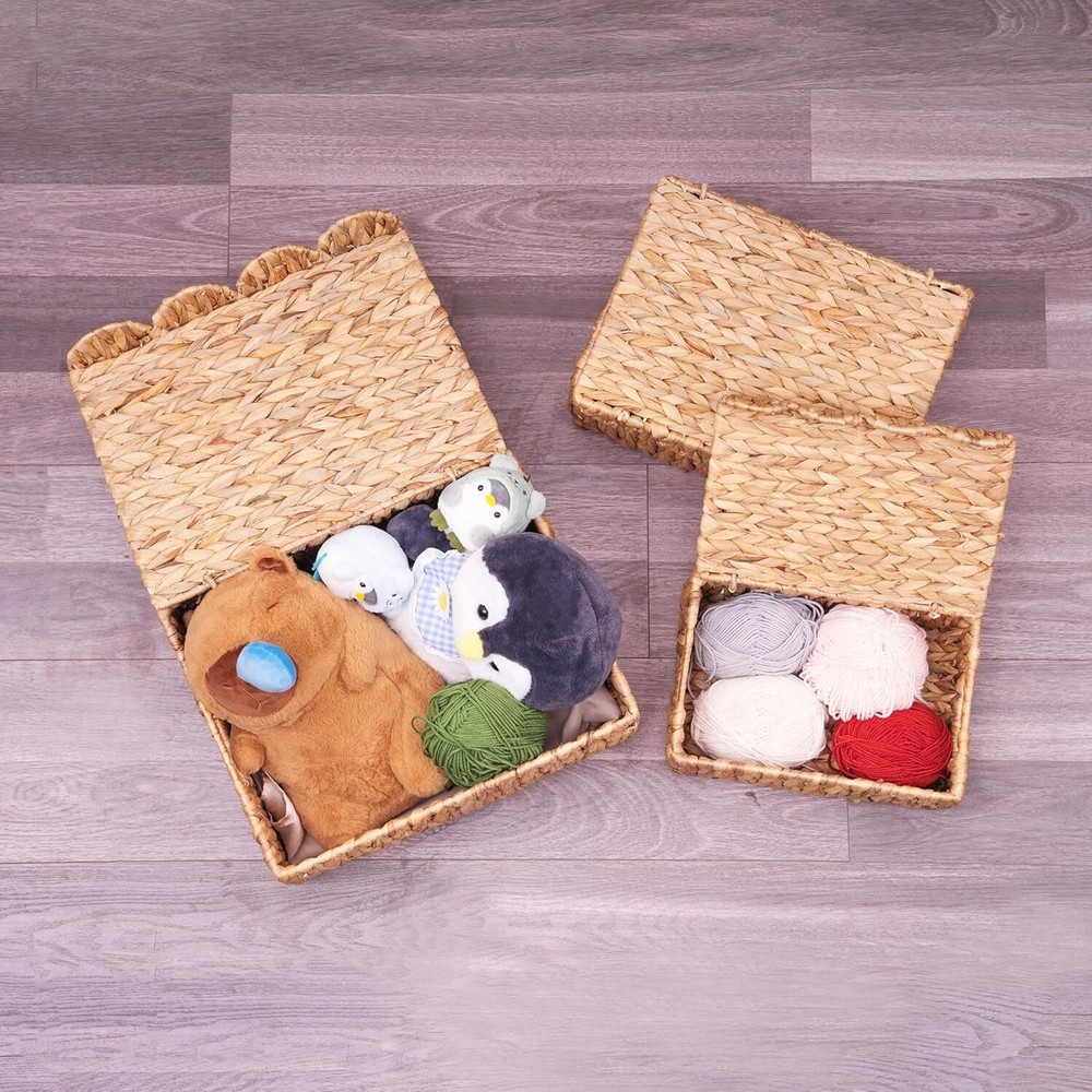 Rectangular wicker storage basket with built-in handles, set of 2