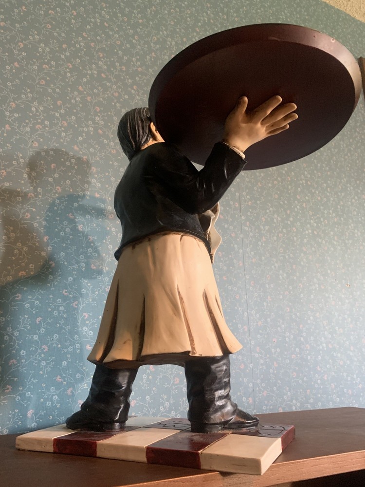 Table Waiter Statue Carrying 9” Serving Tray On Shoulder.