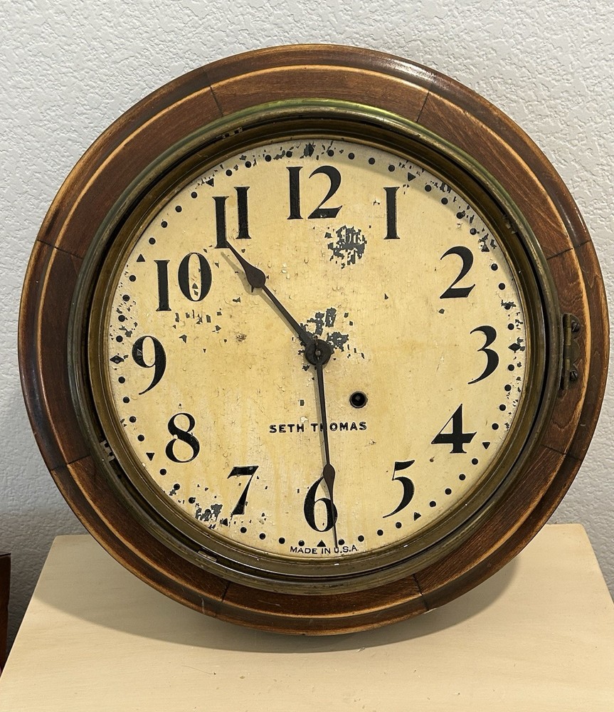 ANTIQUE SETH THOMAS WALL/ GALLERY CLOCK WITH PENDULUM & KEY WORKING 16"