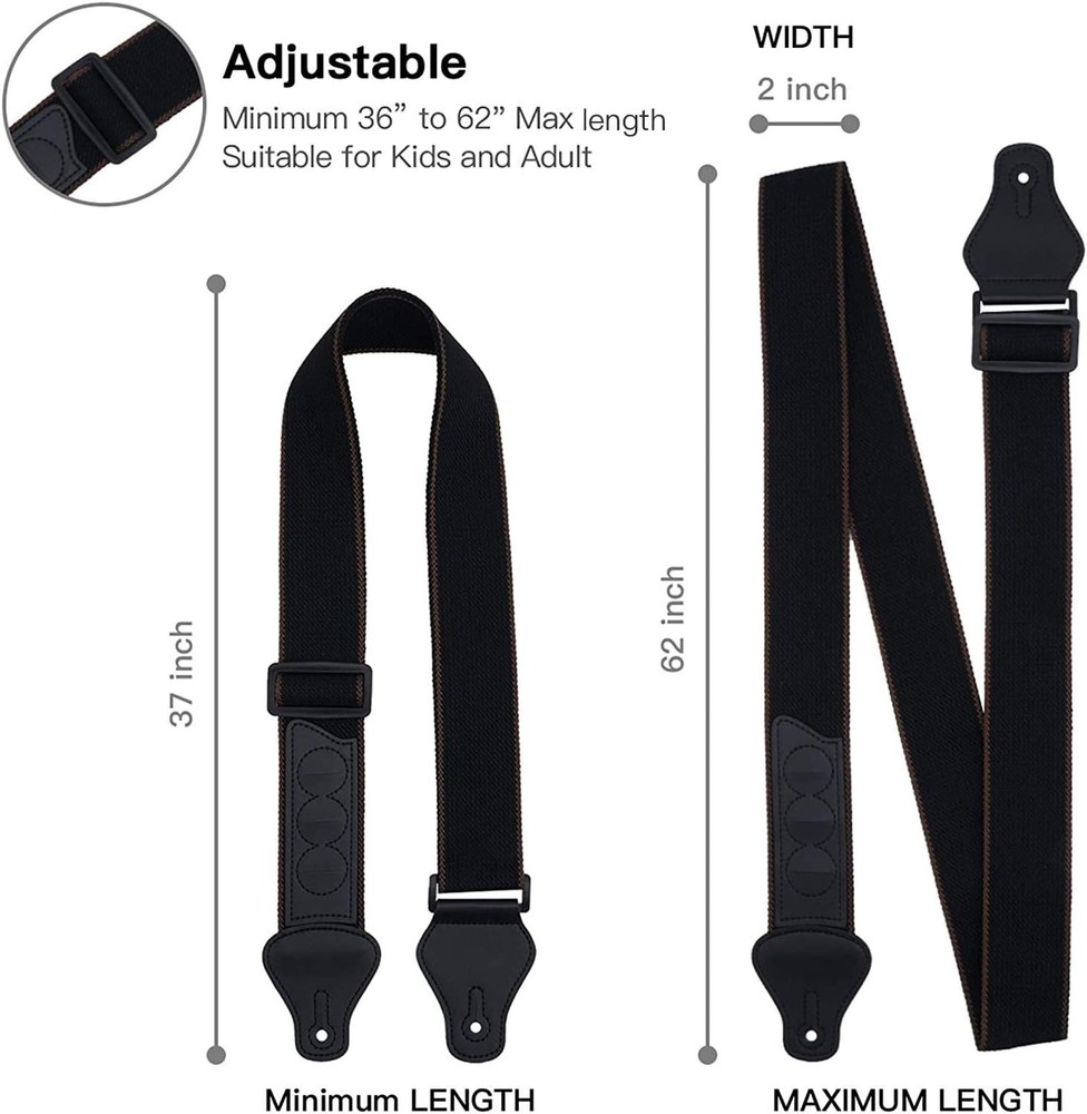 Comfortable Cotton Guitar Strap - 36-62” Adjustable with Pick Holders & Locks