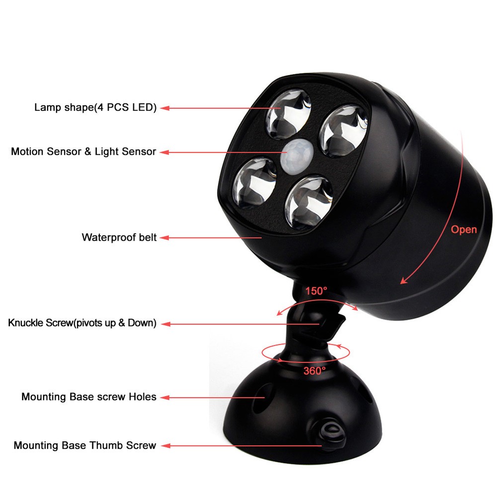Battery Powered Security Lights Motion Sensor Outdoor Lamp Spotlight with 4LEDs