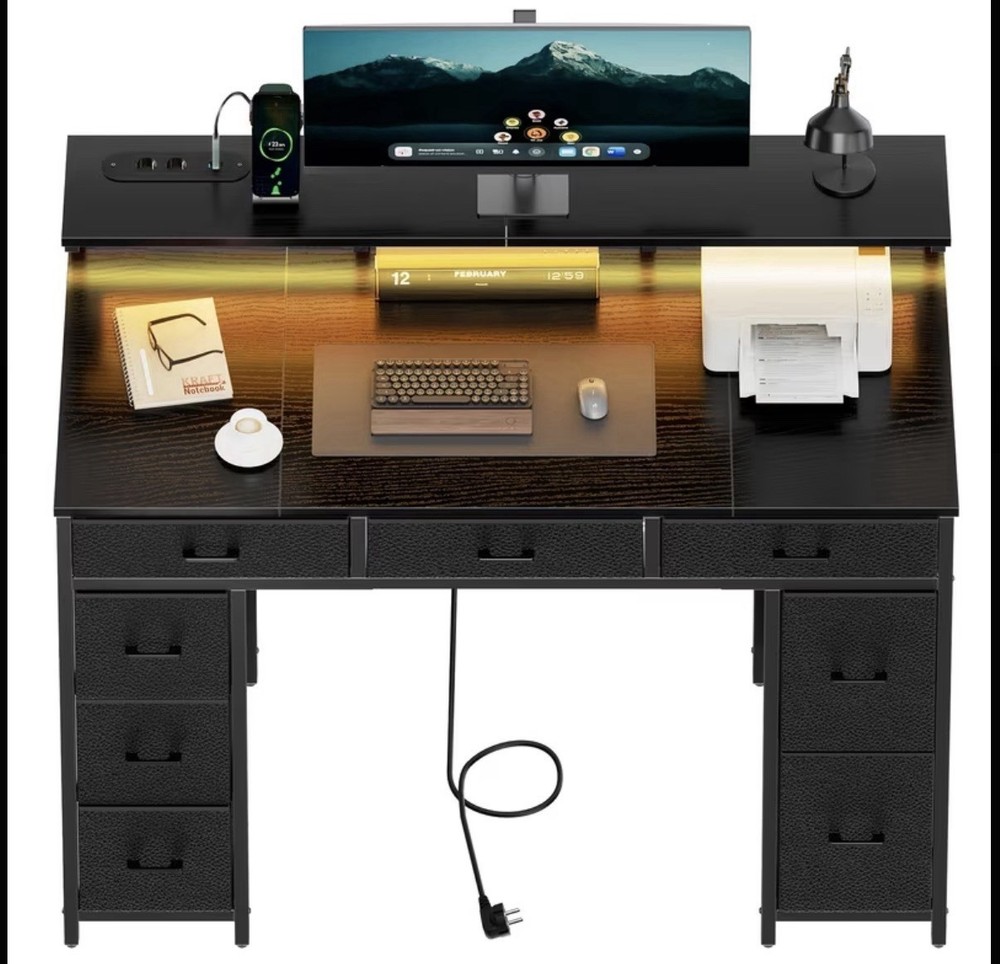 Desk 8 Drawers Modern Office Table LED Mobile Socket PC Studio
