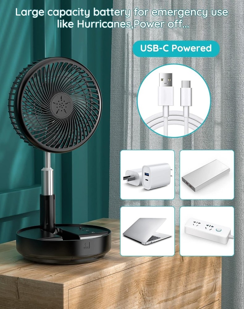 Portable Oscillating Standing Fan with Remote - Rechargeable & USB-C Powered
