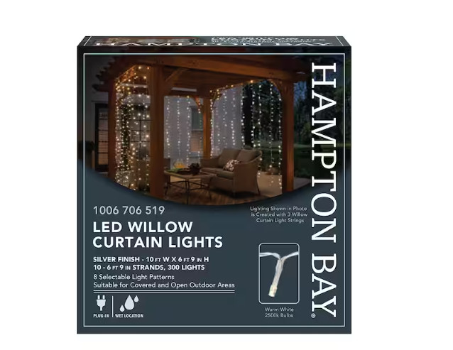 Hampton Bay 300-Light Indoor/Outdoor Plug-In LED Willow Curtain String Light Set