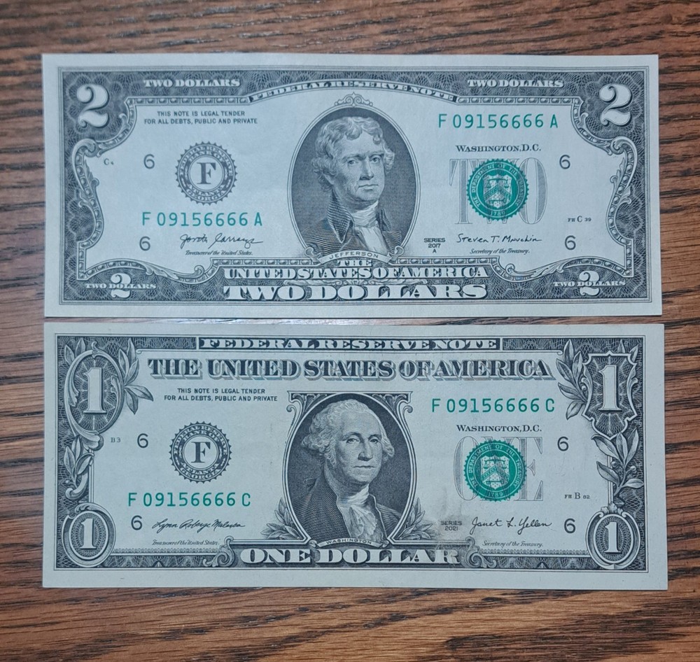 MATCHING $1 & $2 DOLLAR NOTES! –SAME SERIALS -