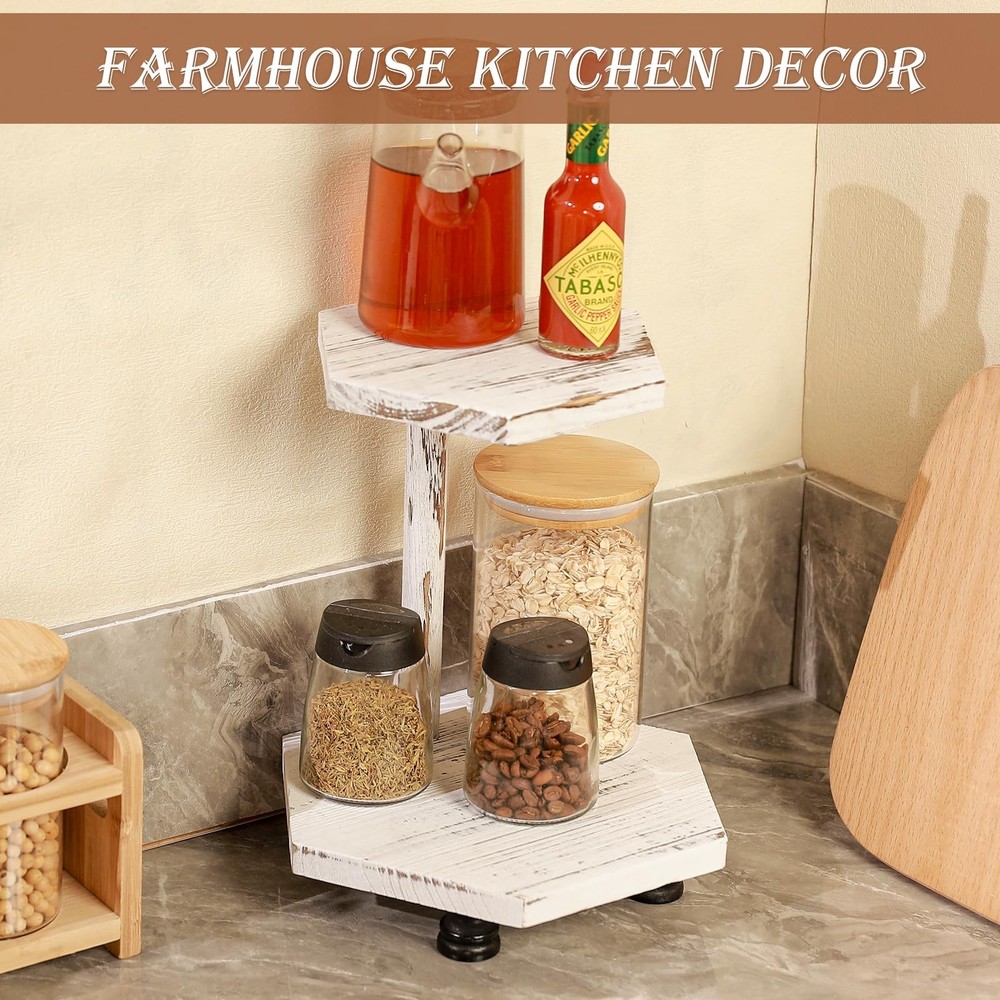 Hexagonal Wood Riser for Display, 2-Tier Wood Farmhouse Riser for Kitchen Bat...