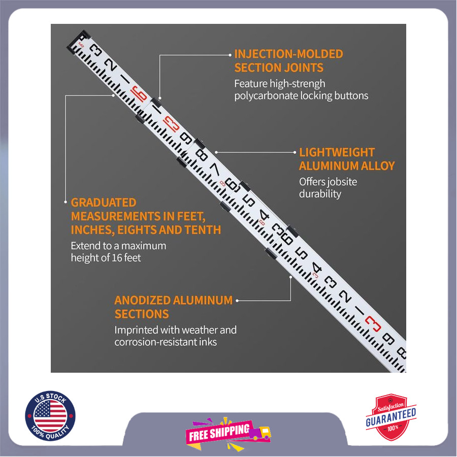Firecore 16-Foot Aluminum Grade Rod, 5 Sections Telescopic with Bubble Level