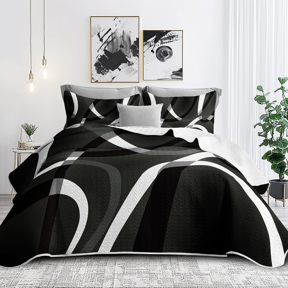 Classic Line Pattern Bedding Quilt King Size Modern Grey Red & Black Stripe