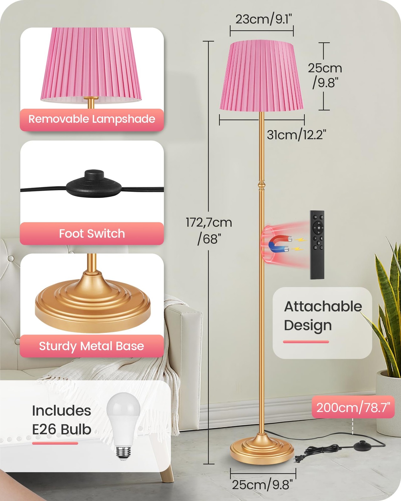 GOEBLESON Pink Floor Lamp for Living Room, 68" 68 inches, Gold +