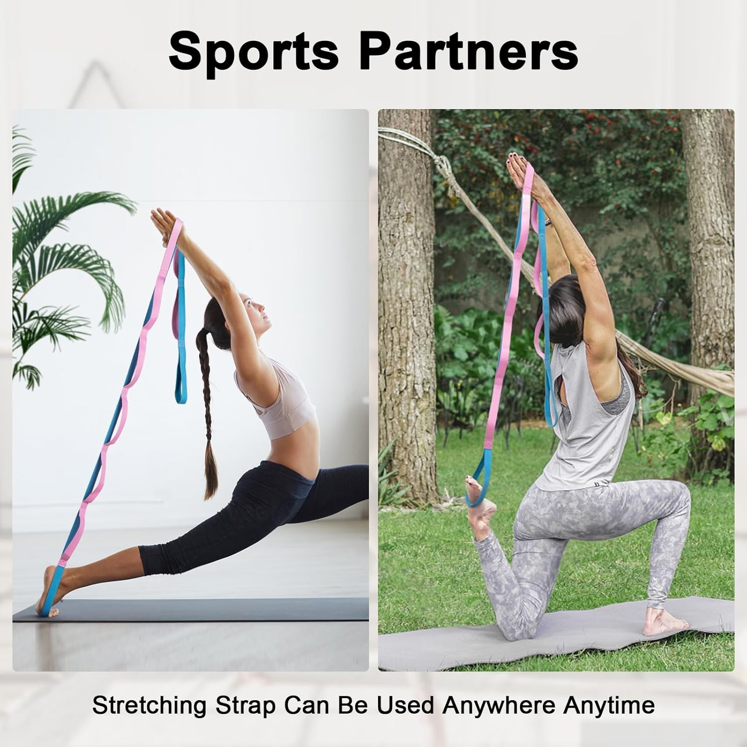 Yoga Strap for Stretching with 10 Loops Inelastic Soft Polyester Cotton Stretch