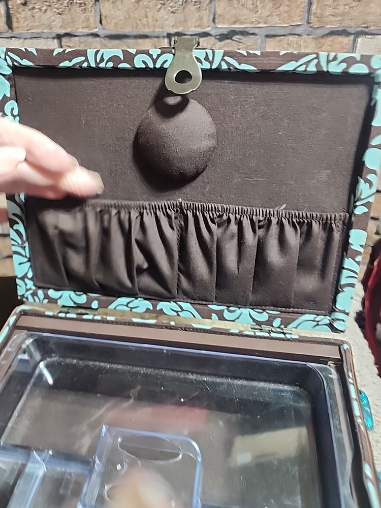 ST JANE LARGE CLOTH PADDED SEWING BOX W/BEADED HANDLE BROWN/TEAL RECTANGLE