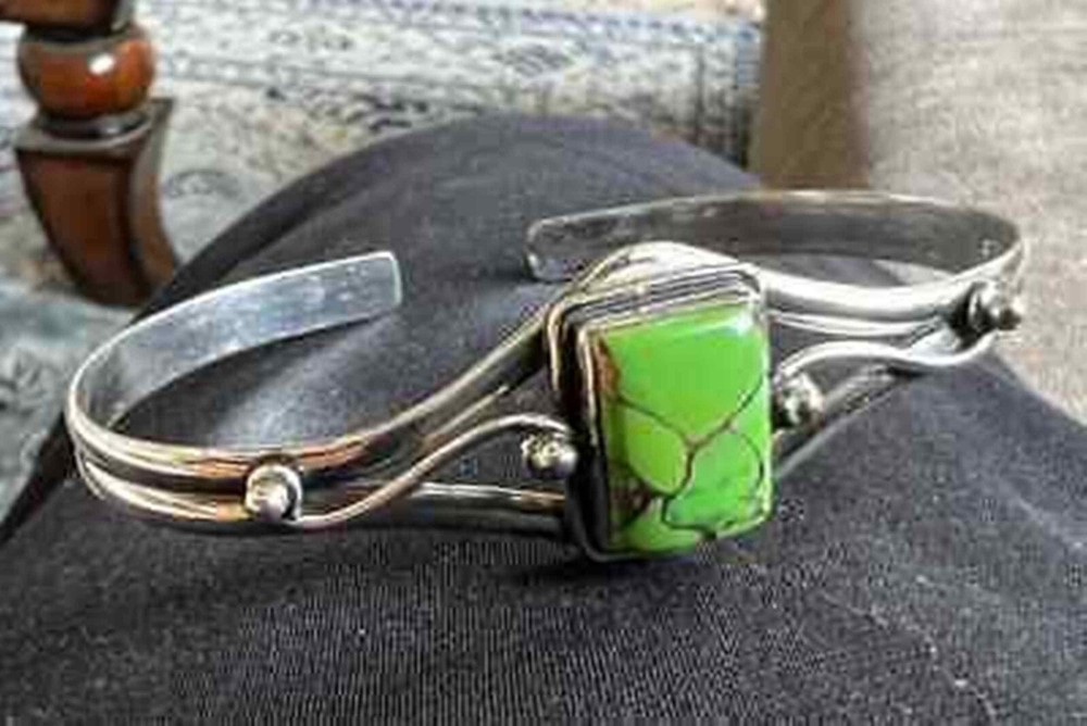 Green Copper Turquoise Gemstone 925 Sterling Silver Adjustable Designer Bangle