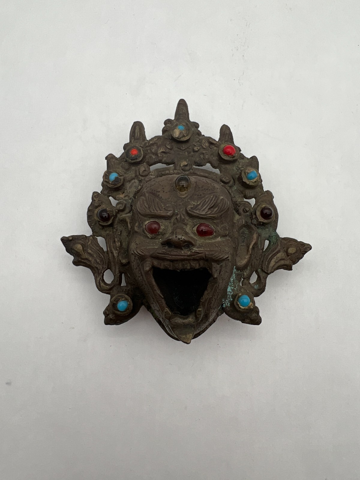 Vintage Tibetan Buddhist Bronze Mahakala Mask w Turquoise Coral Inlay