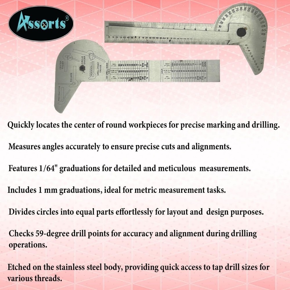 Assorts Multi Purpose Protractor Square Rule Centre Finder Divider Drill Point