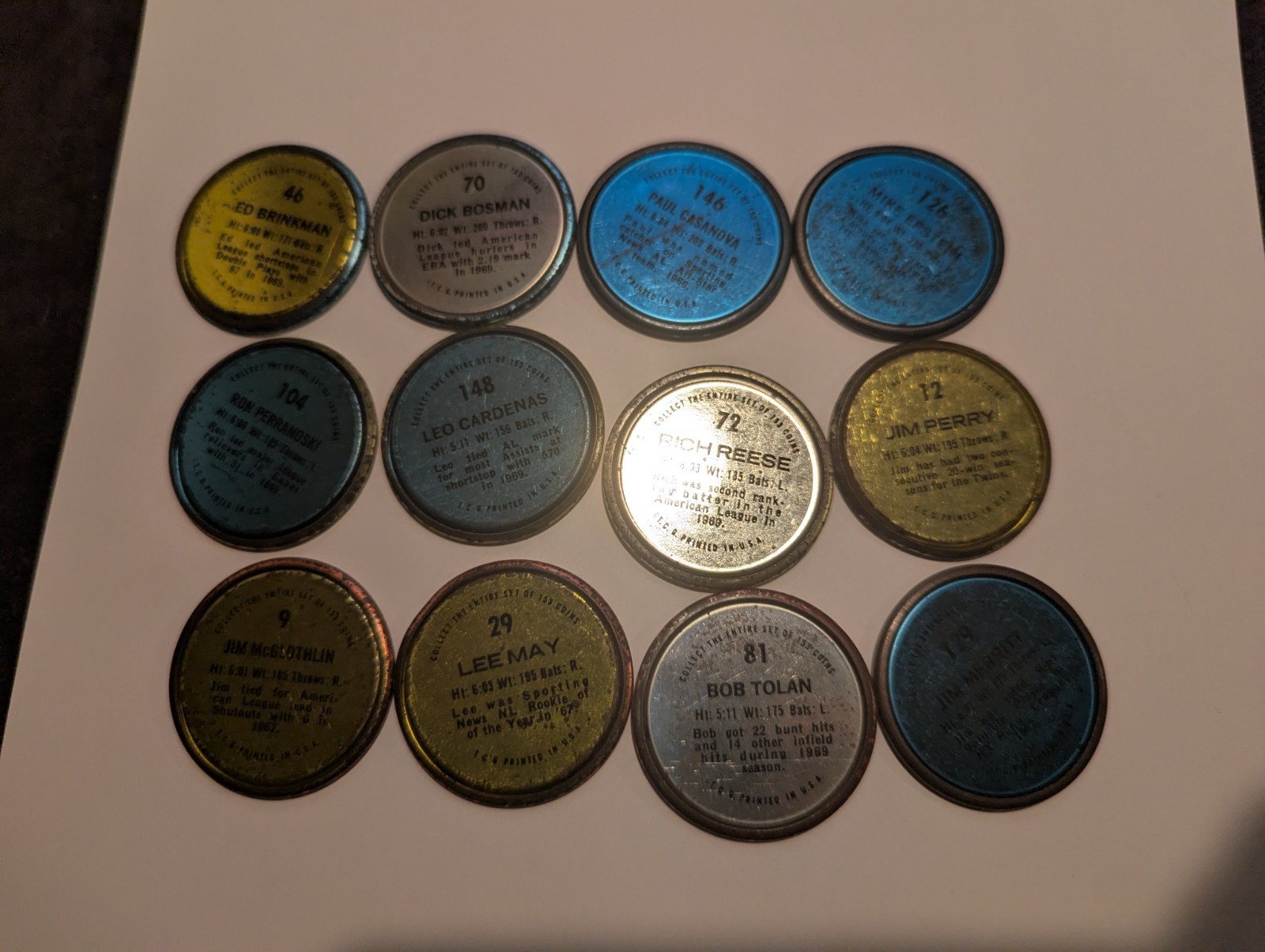 1971 Topps Baseball Lot Of 12 Coins Reds Senators Twins