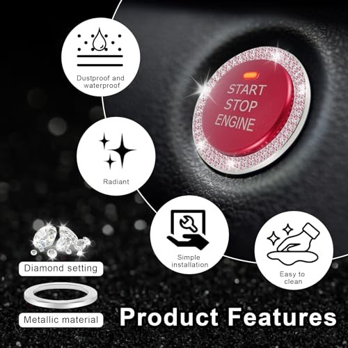 Car Engine Start Stop Decoration Ring, Crystal Double Rhinestone, Bling Pink