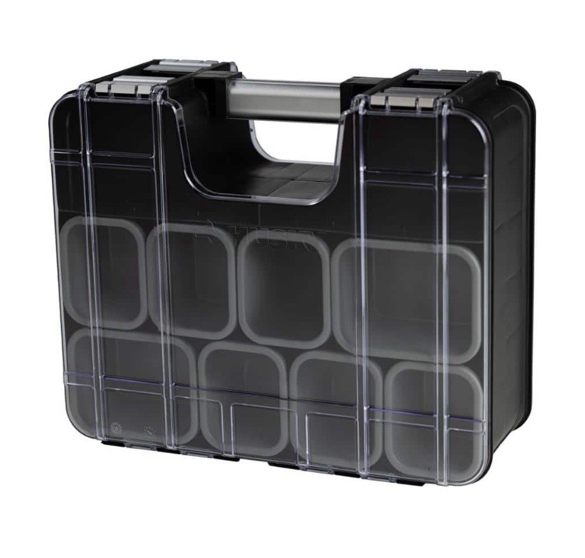 Double-Sided Organizer Tool Box Clear/Black Plastic with Carry Handle