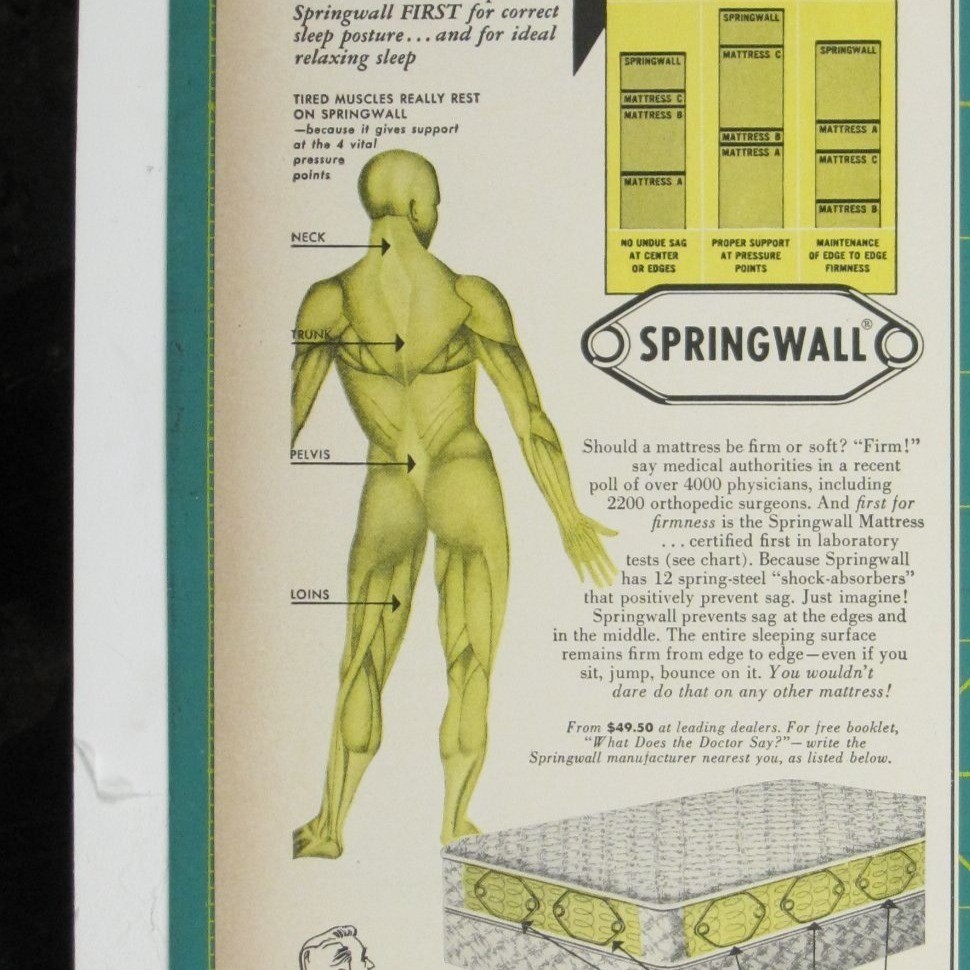 Print Ad Is Your Waking Back An Aching Back Springwall Mattress 1950 AD