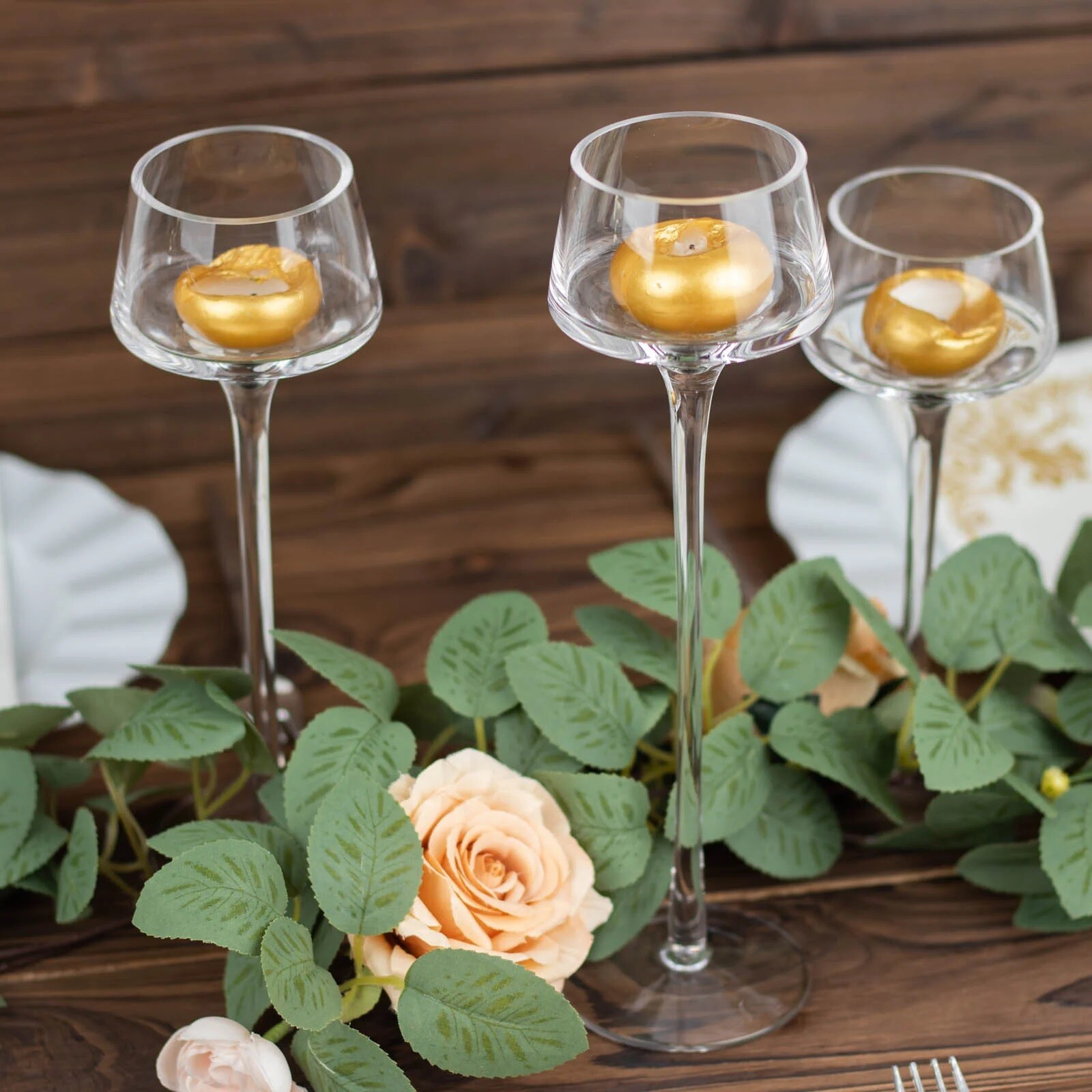 3 CLEAR Long Stem Crystal Glass CANDLE HOLDERS Vases Centerpieces Party Events